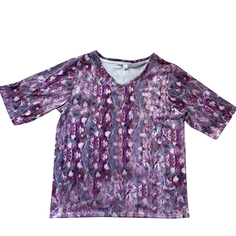Purple Abstract Kaleidoscope V-Neck Short Sleeve Shirt Top Art Print Cyber Y2K L